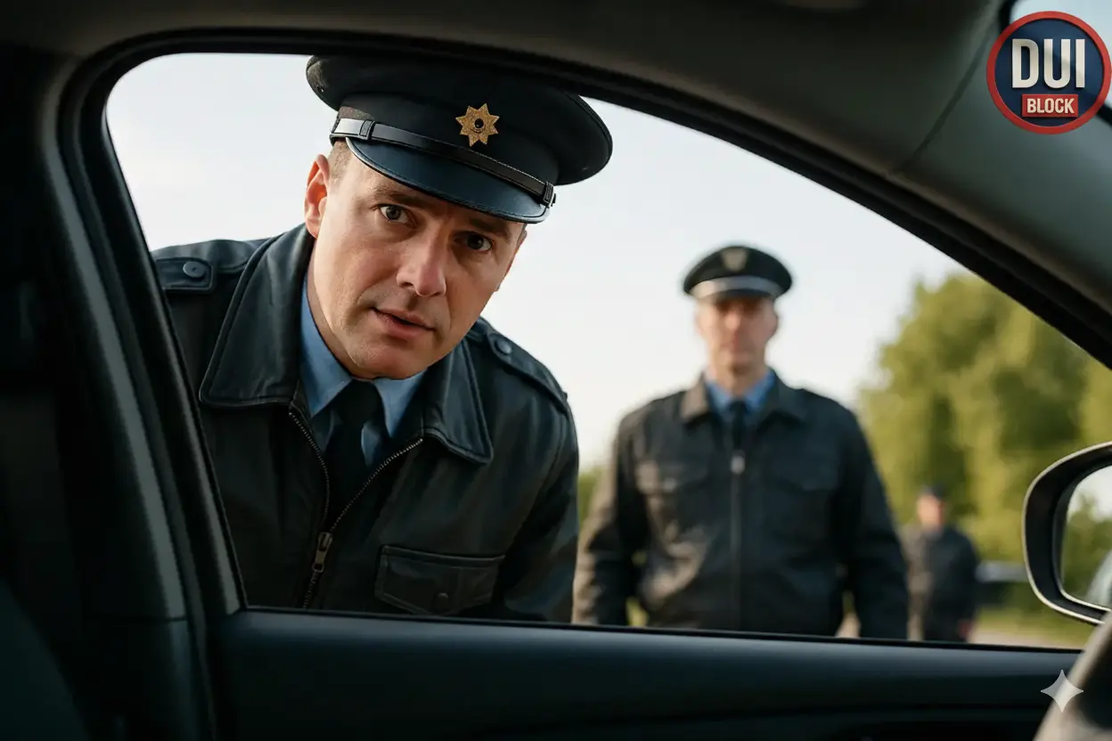 DUI Checkpoint at night in CA, with police cars, flashing lights, traffic cones, and the DUIBlock logo painted on the road.