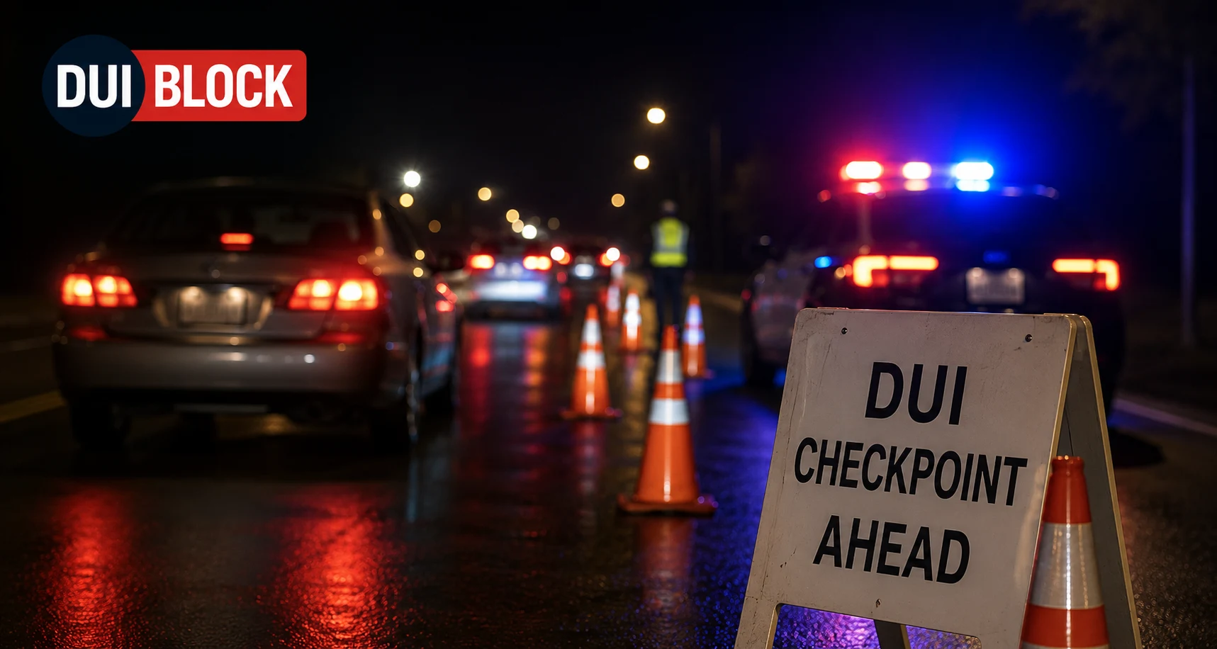 Nighttime DUI checkpoint with traffic cones and checkpoint sign on a public roadway. DUI Block provides independent DUI checkpoint information to promote safe and responsible driving.